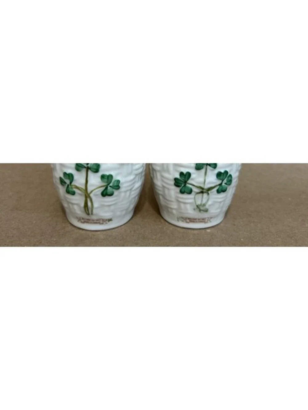 Belleek Ireland Vintage Porcelain Hand Painted Shamrock Salt & Pepper Shakers
